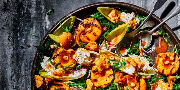 UNS Healthy Mix with Grilled Peach, Burrata & Chili-Honey Vinaigrette