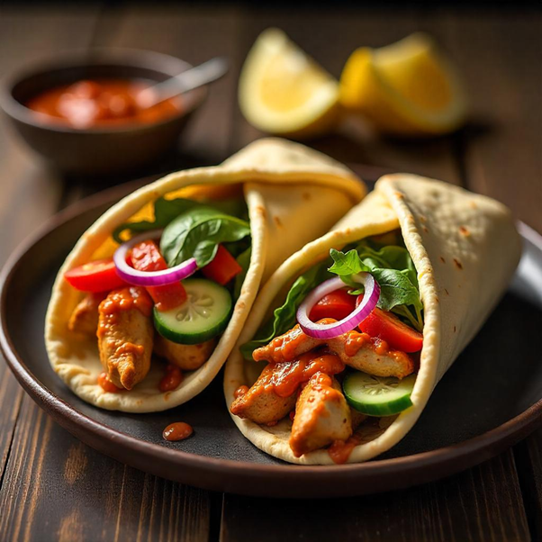 Chicken Shawarma Pitas with UNS Spicy Mix & Roasted Red Pepper Sauce
