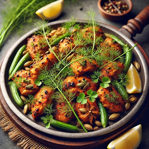 Chicken Tawa Fry with Black Pepper and UNS Fennel Microgreens