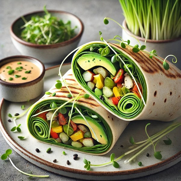 Grilled Veggie Wrap with Garlic Chives Microgreens