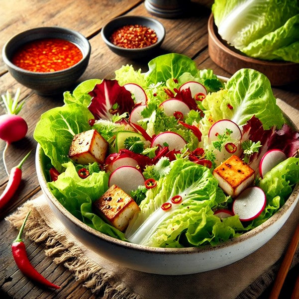 Lettuce Boston Salad with Tofu and Fresh Red Chili Oil