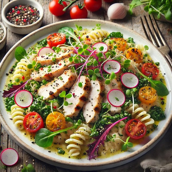 Salad with UNS Super Micro Salad Mix on Creamy Chicken Pasta