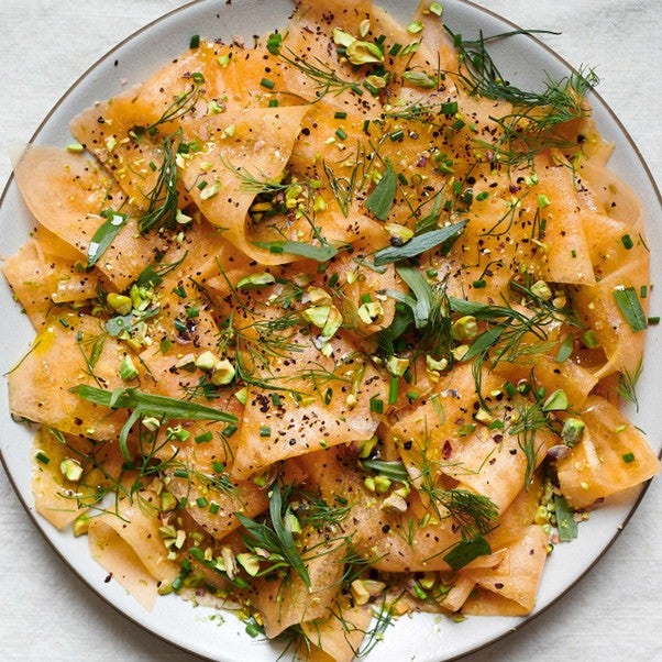 Shaved Yellow Muskmelon Salad with Herbs & Pistachios