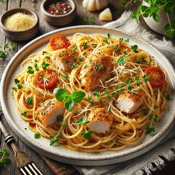 Spaghetti Chicken Pasta with Fresh Oregano Leaves