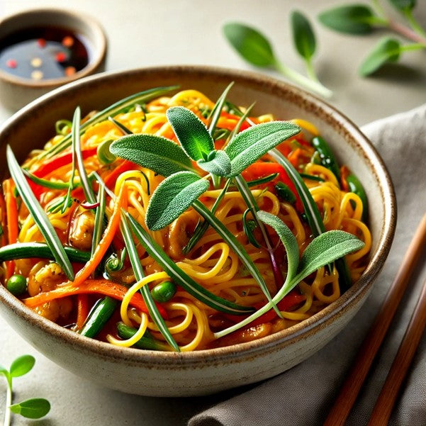 Stir-Fried Noodles with UNS Sage Microgreens and Savory Sauce