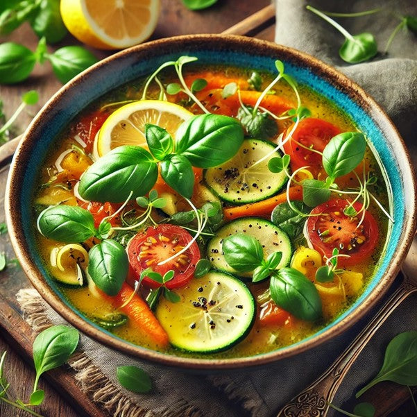 Vegetable Soup with Lemon Basil Microgreens