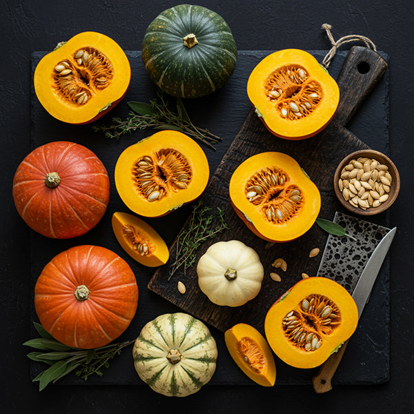 A vibrant collection of pumpkins, showcasing various cuts and colors, perfect for autumn festivities.