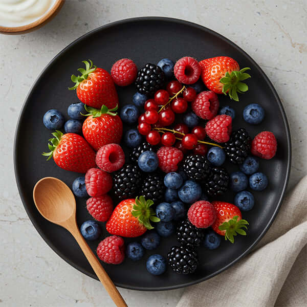 Plate of fresh berries including strawberries, raspberries, blueberries, and blackberries showcasing Berries.