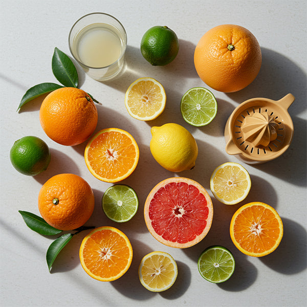 A vibrant assortment of citrus fruits including oranges, lemons, limes, and grapefruits in a stylish arrangement. Citrus.