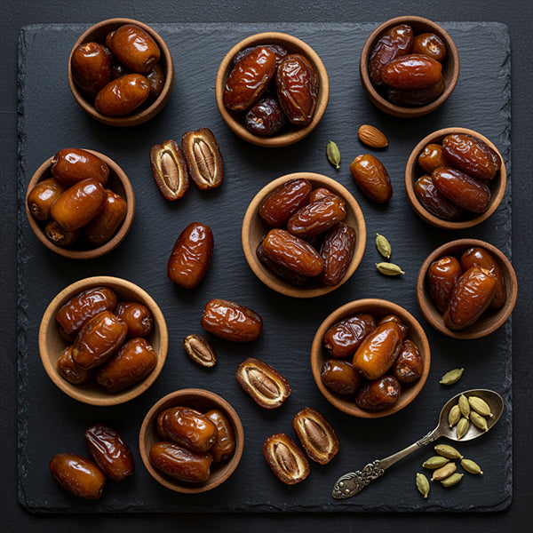 A collection of Dates presented in various bowls, showcasing their rich texture and natural sweetness.