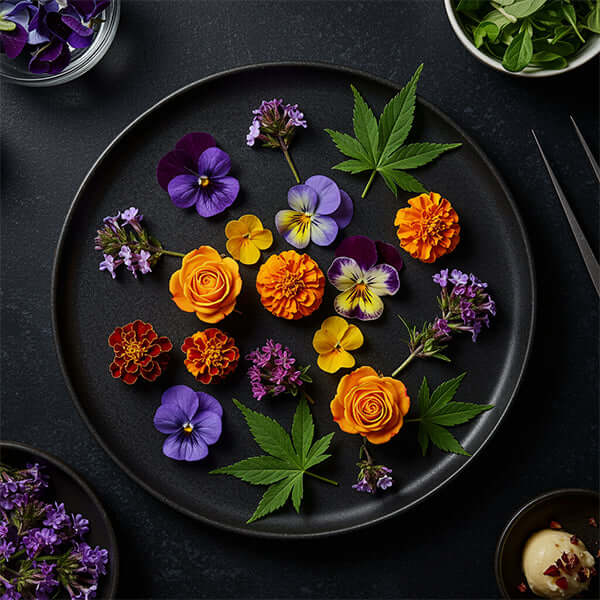 Colorful arrangement of Edible Flowers on a black plate, showcasing their beauty and elegance.