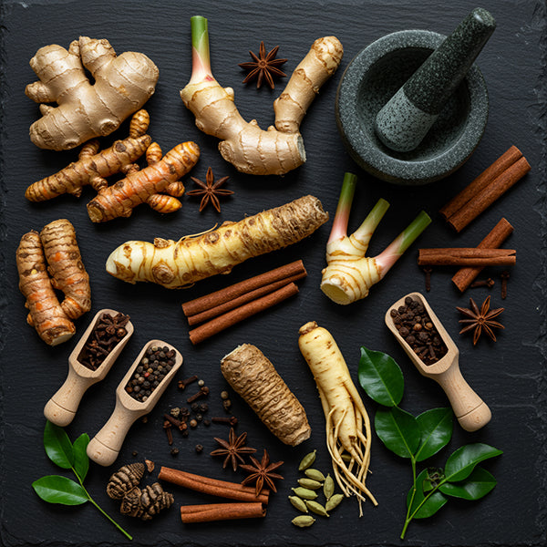 Exotic Roots & Spices collection featuring fresh herbs, spices, and a mortar on a black slate background.