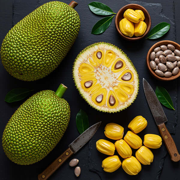 Jack Fruits displayed on a dark surface, showcasing whole fruits, sliced fruit, and seeds.