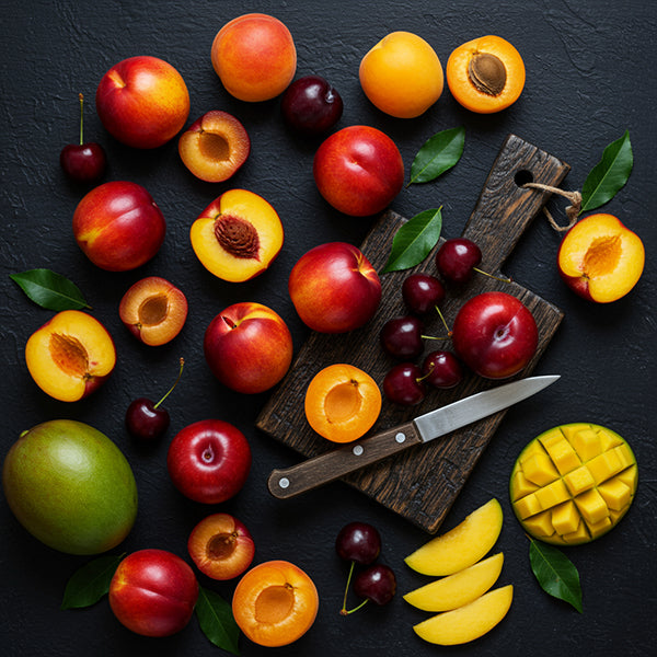 A colorful arrangement of stone fruits including cherries, nectarines, and apricots on a wooden cutting board.