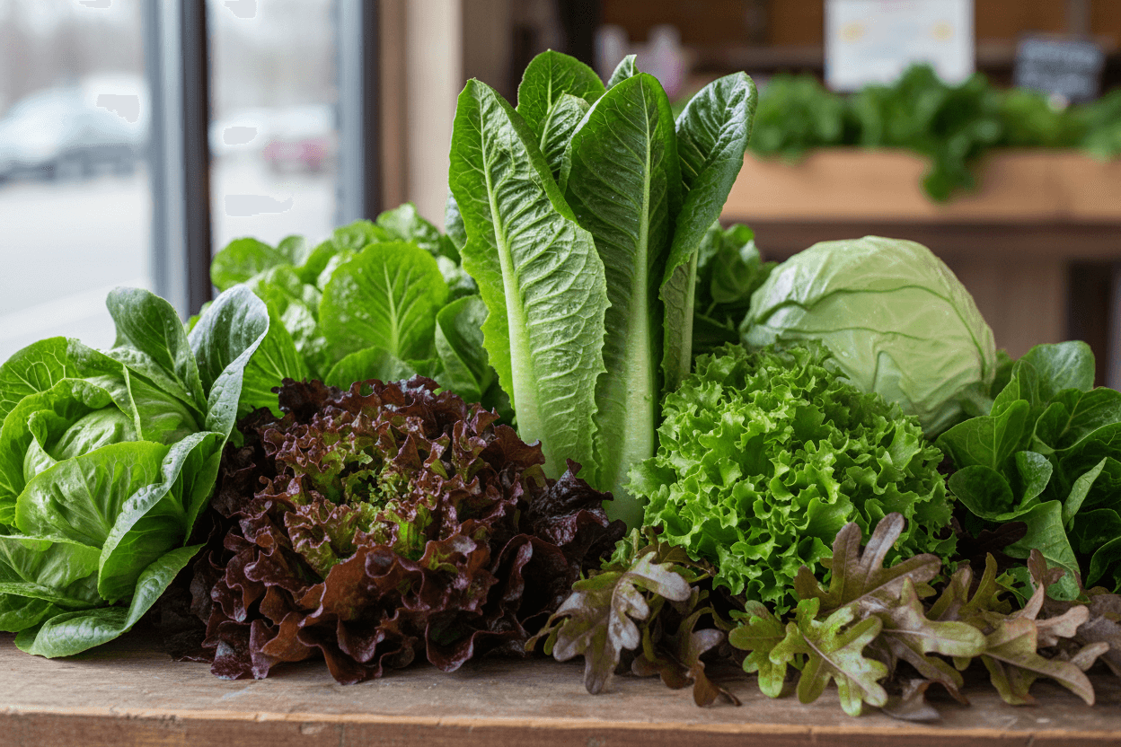 Fresh variety of lettuce including romaine, green leaf, and cabbage on display.