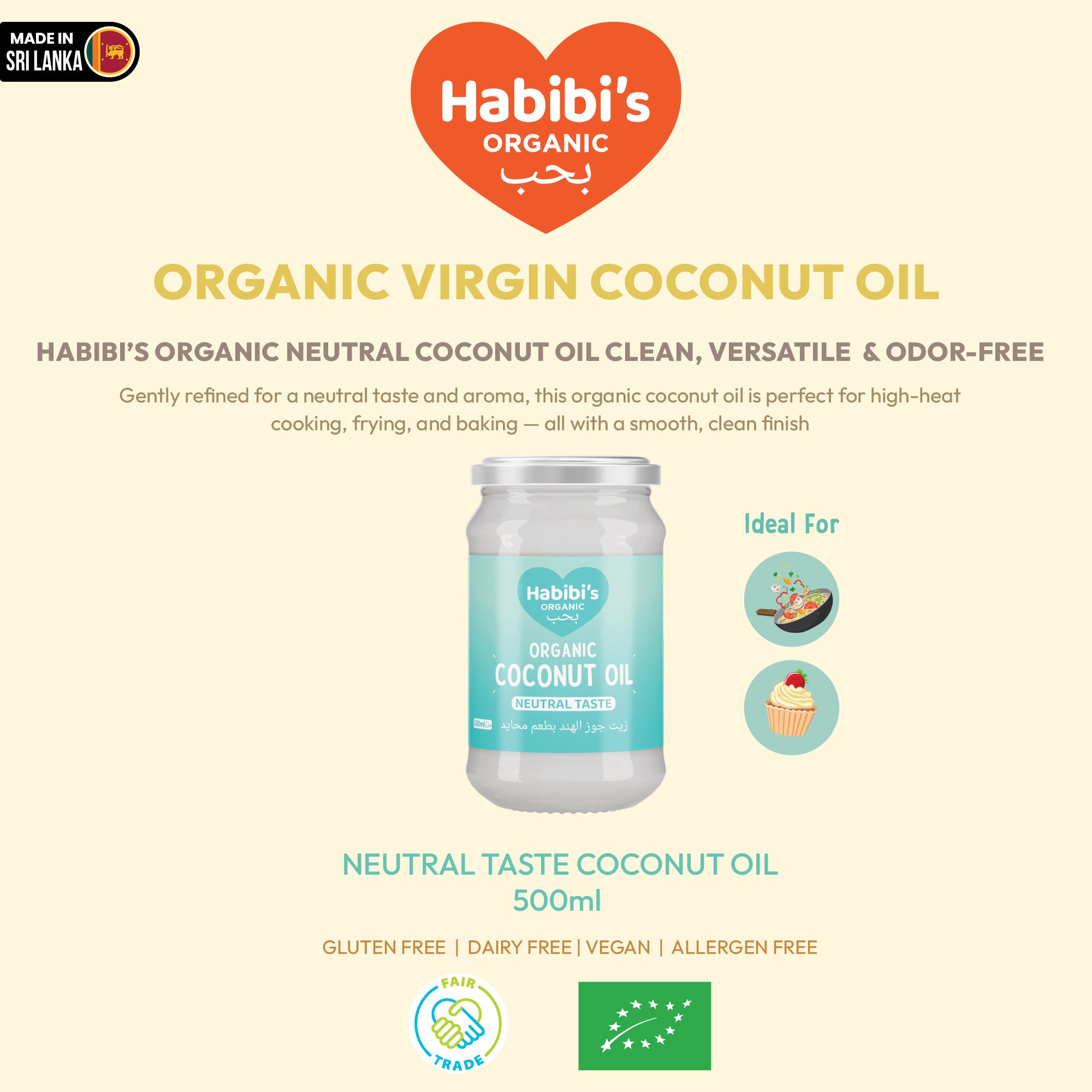 Habibi’s Organic Neutral Taste Coconut Oil No Additives 500ml in a clear jar with a blue label, ideal for cooking and baking.