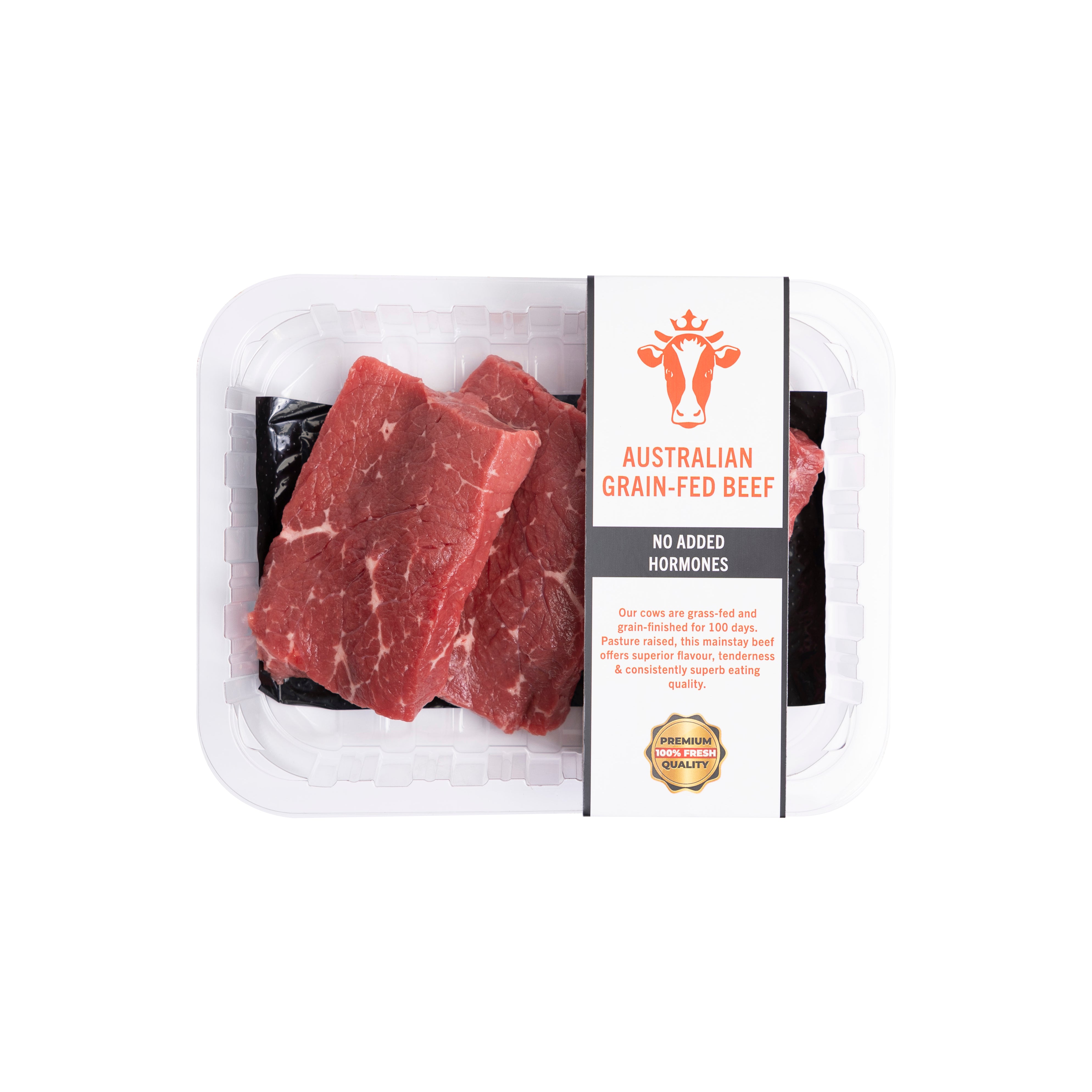 Packaged Australian grain-fed beef with a white background