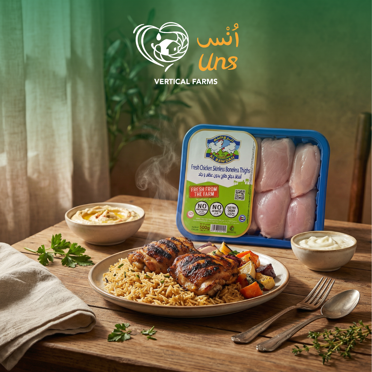 Al Rawdah Fresh Chicken Boneless Skinless Thighs 500g displayed with rice and vegetables on a dining table.