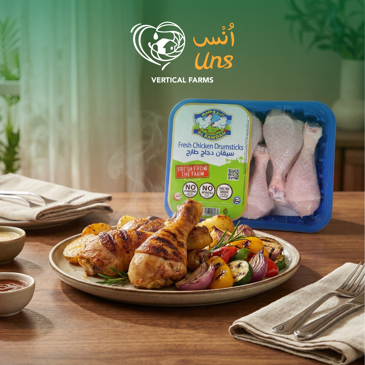 Al Rawdah Fresh Chicken Drumstick 500g with grilled drumsticks and fresh vegetables on a plate, showcasing premium raw poultry.