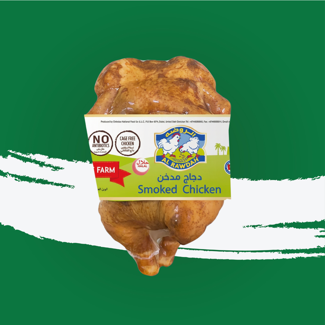 Al Rawdah Fresh Whole Chicken Smoked 750g, premium smoked chicken in packaging, ethically sourced from UAE farms.