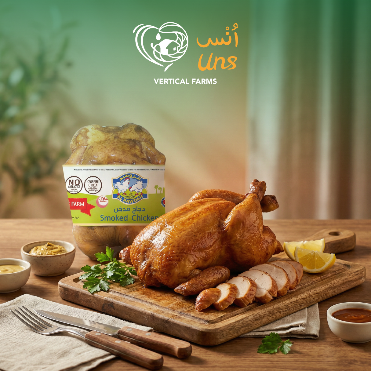 Al Rawdah Fresh Whole Chicken Smoked 750g served on a wooden platter with sides and packaging.
