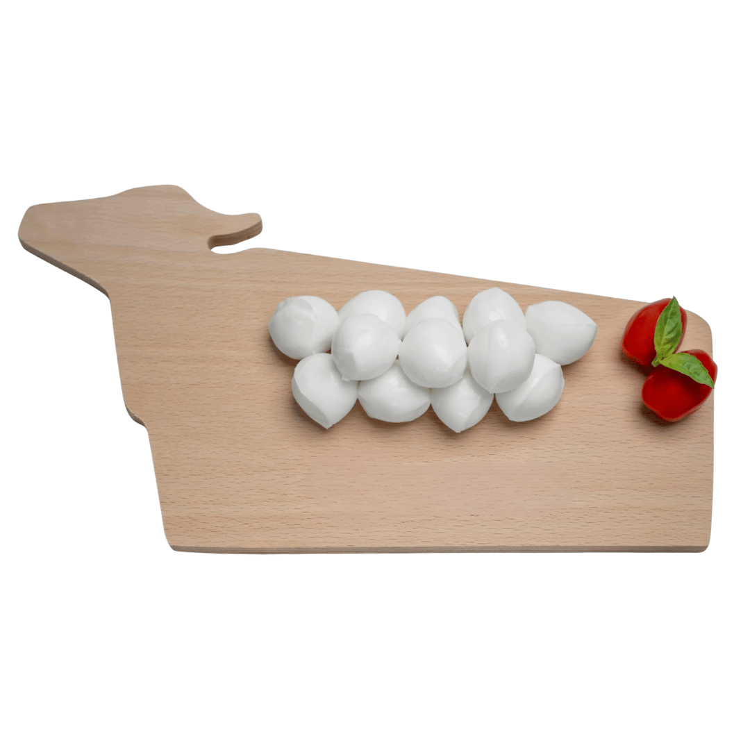 LEO Ciliegine mini mozzarella balls pack displayed on a wooden board with decorative cherry tomatoes.