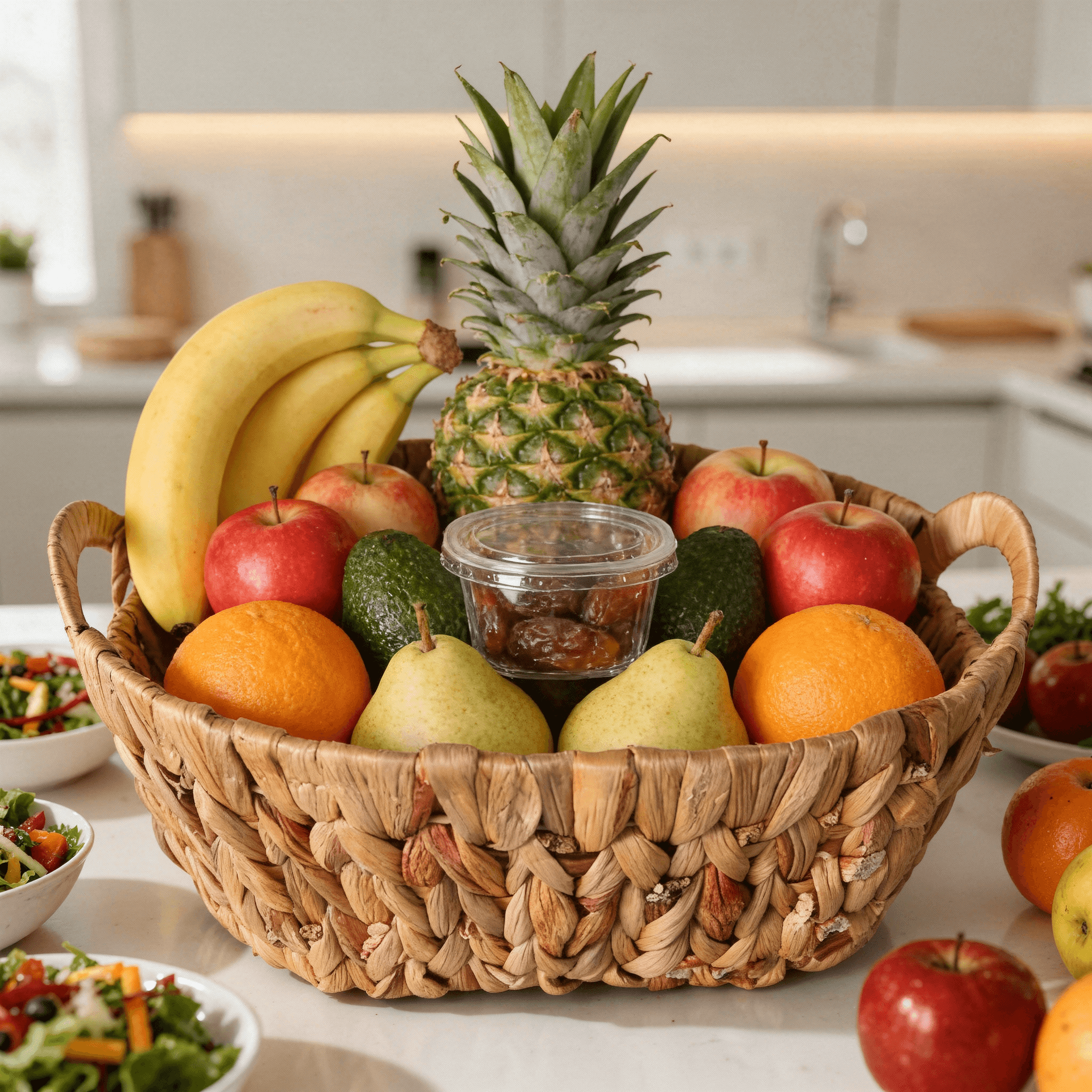 A beautifully arranged Energy Basket filled with fresh fruits including pineapple, bananas, apples, and more.