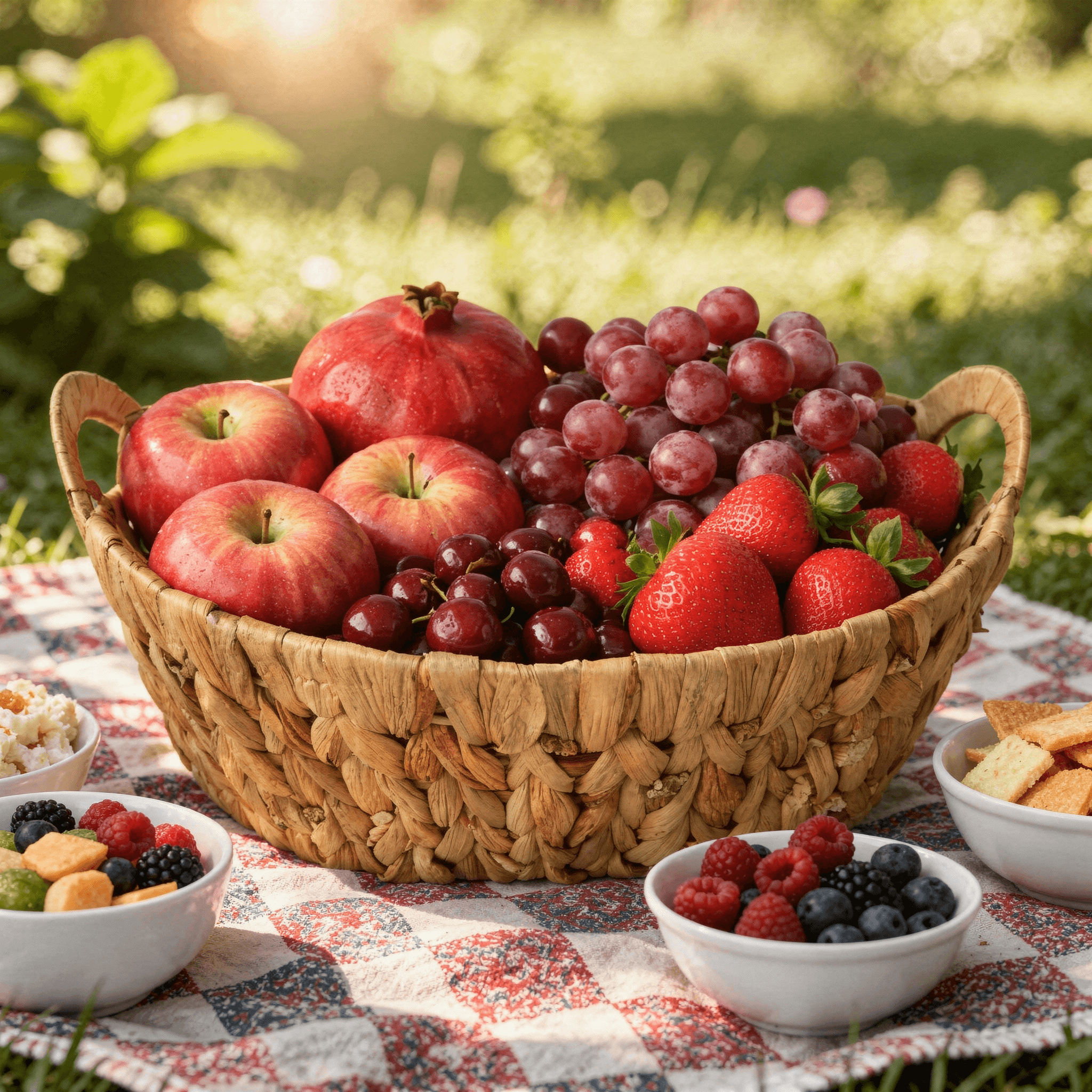 Heart’s Delight Basket filled with fresh apples, grapes, strawberries, and raspberries on a picnic blanket.