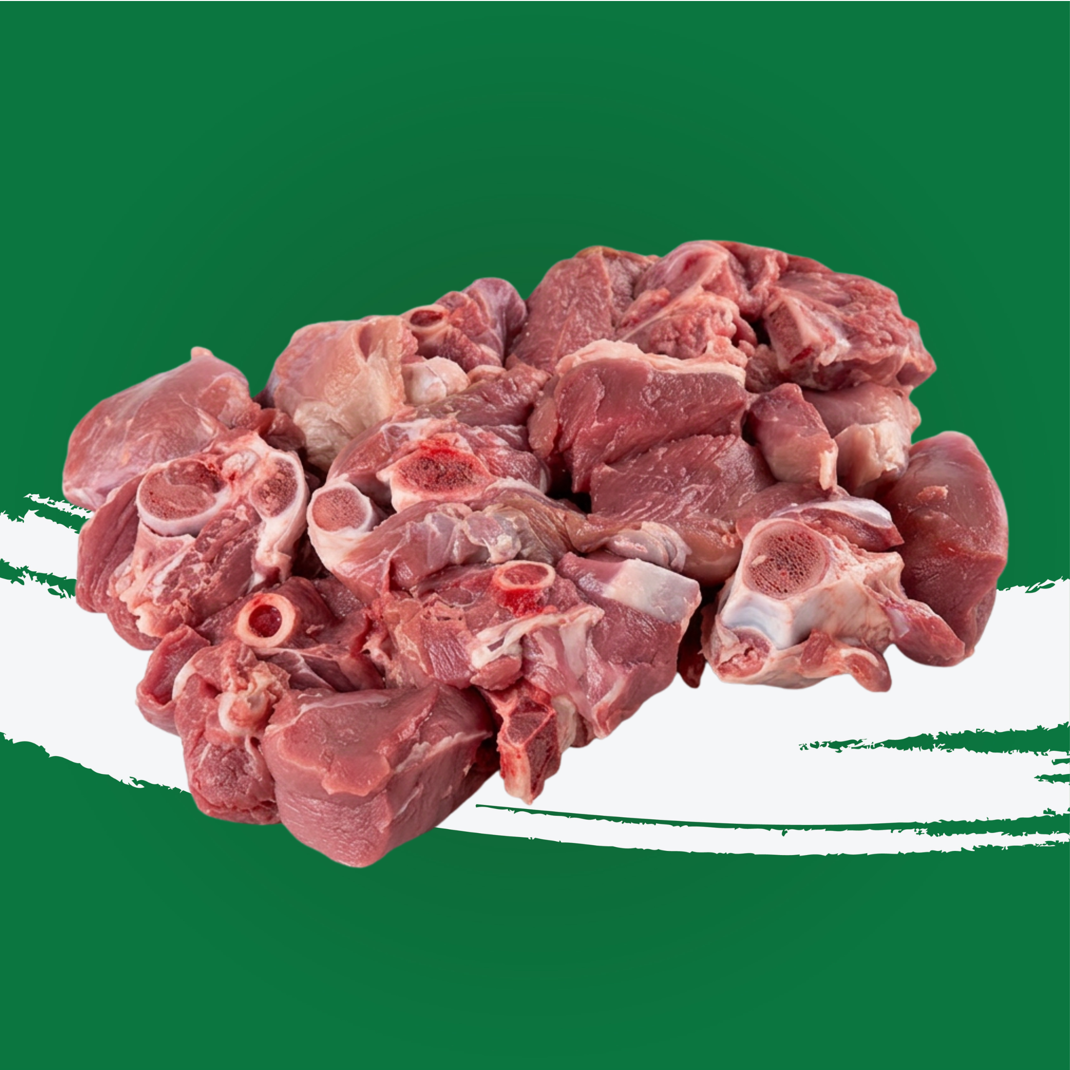 Fresh mutton biryani cut leg meat pieces on a green background, perfect for flavorful biryani.