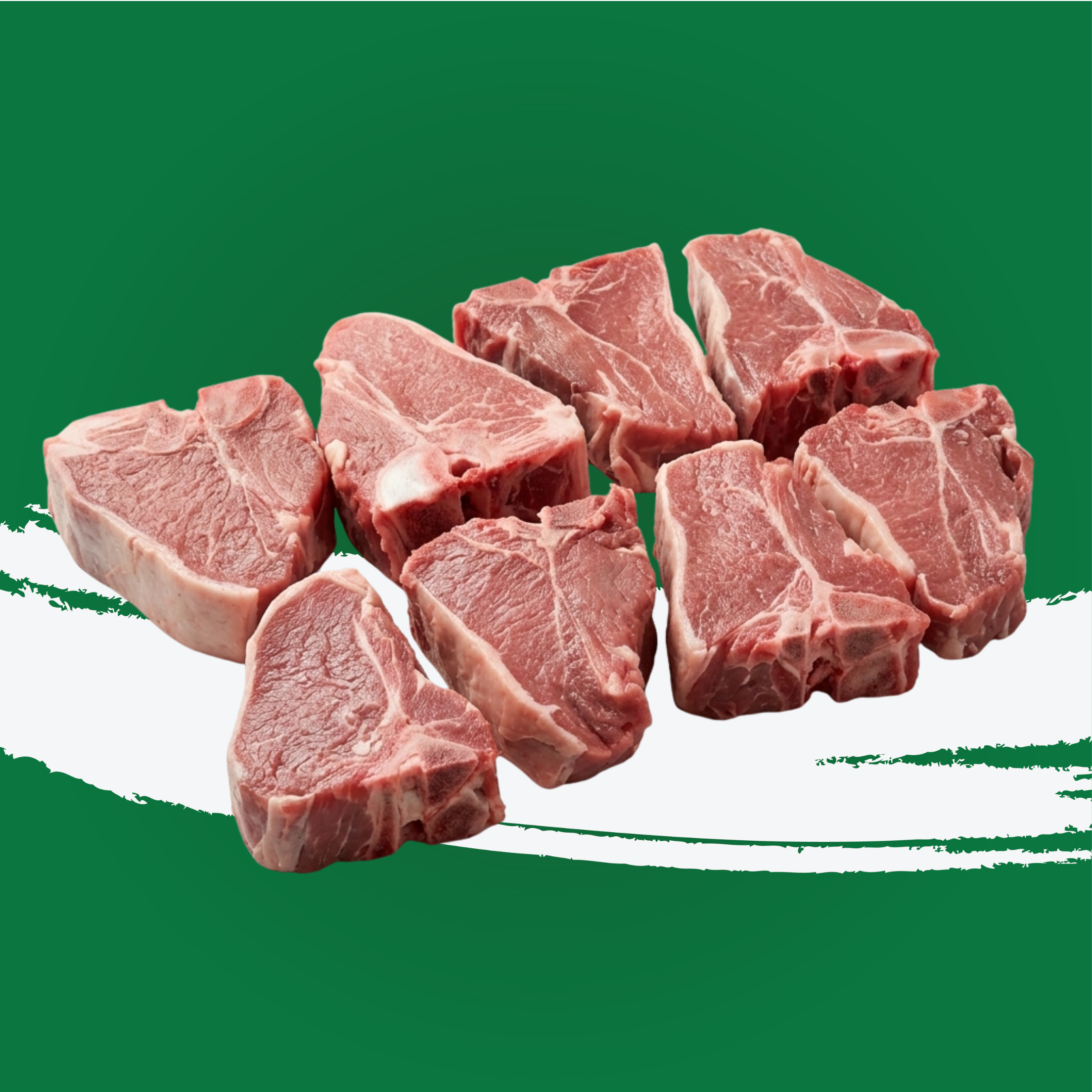 Premium Mutton T-Bone Cut pieces on a green background showcasing the quality and tenderness of the meat.