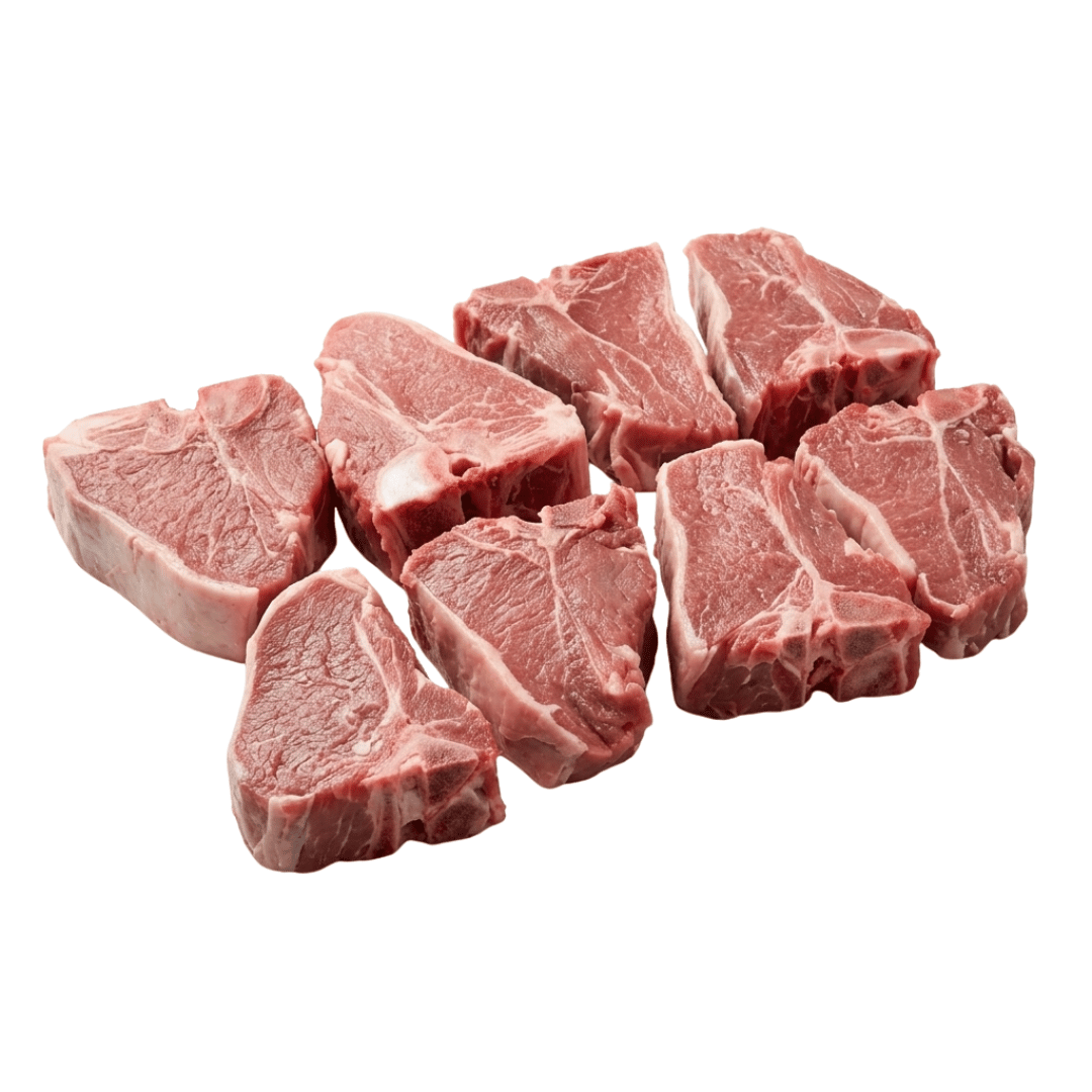 Premium mutton t-bone cut pieces arranged on a white background, showcasing the quality of the meat.