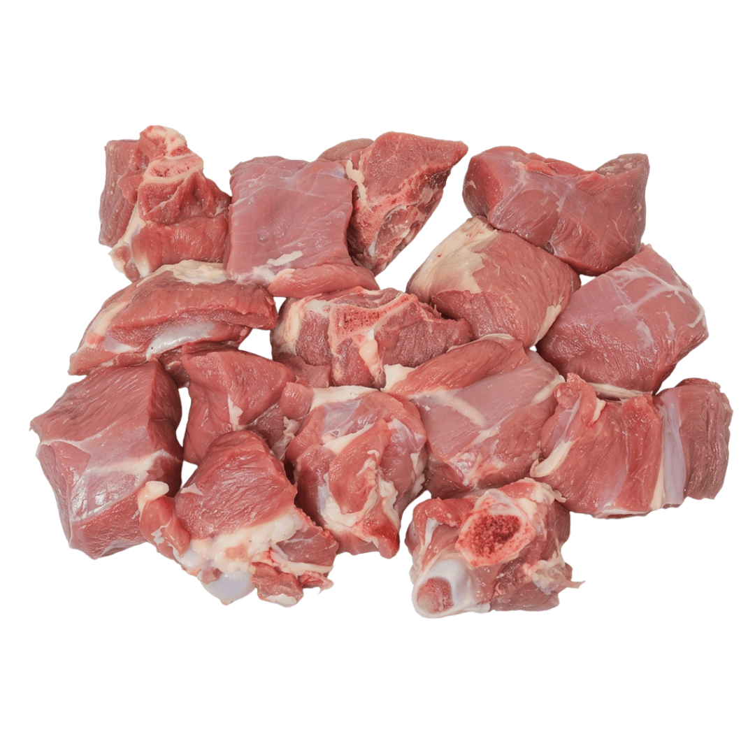 Fresh mutton curry cut bone-in pieces ready for cooking a hearty curry dish.