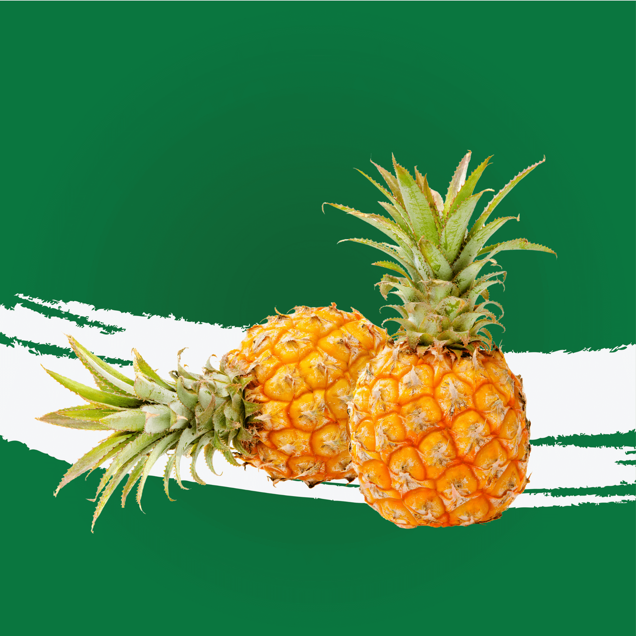 Pineapple Baby South Africa - two ripe, sweet baby pineapples on a vibrant green background.