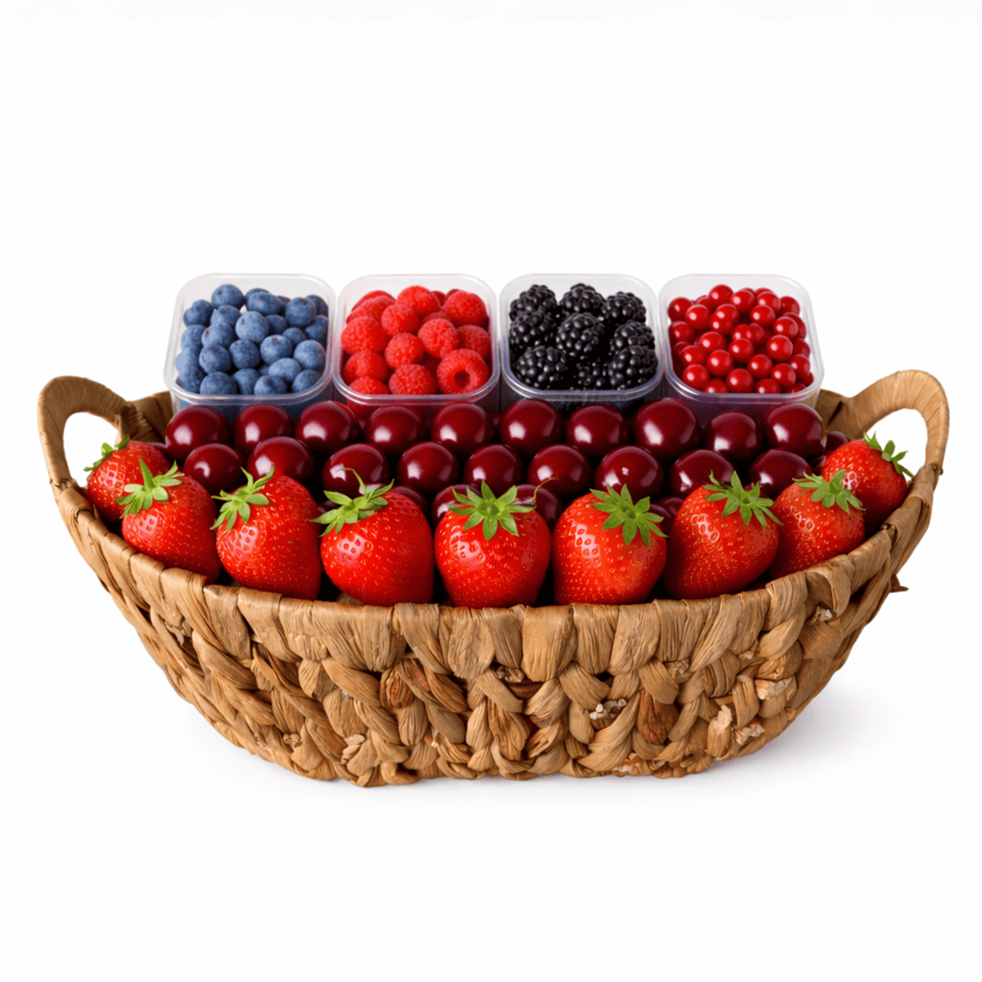 Premium Berry Basket filled with fresh strawberries, blueberries, raspberries, blackberries, and cherries.