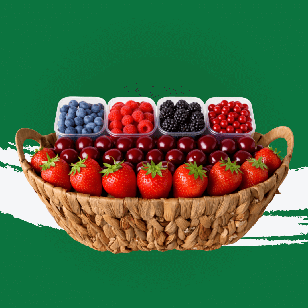 Premium Berry Basket filled with fresh strawberries, blueberries, raspberries, blackberries, cherries, and cranberries.