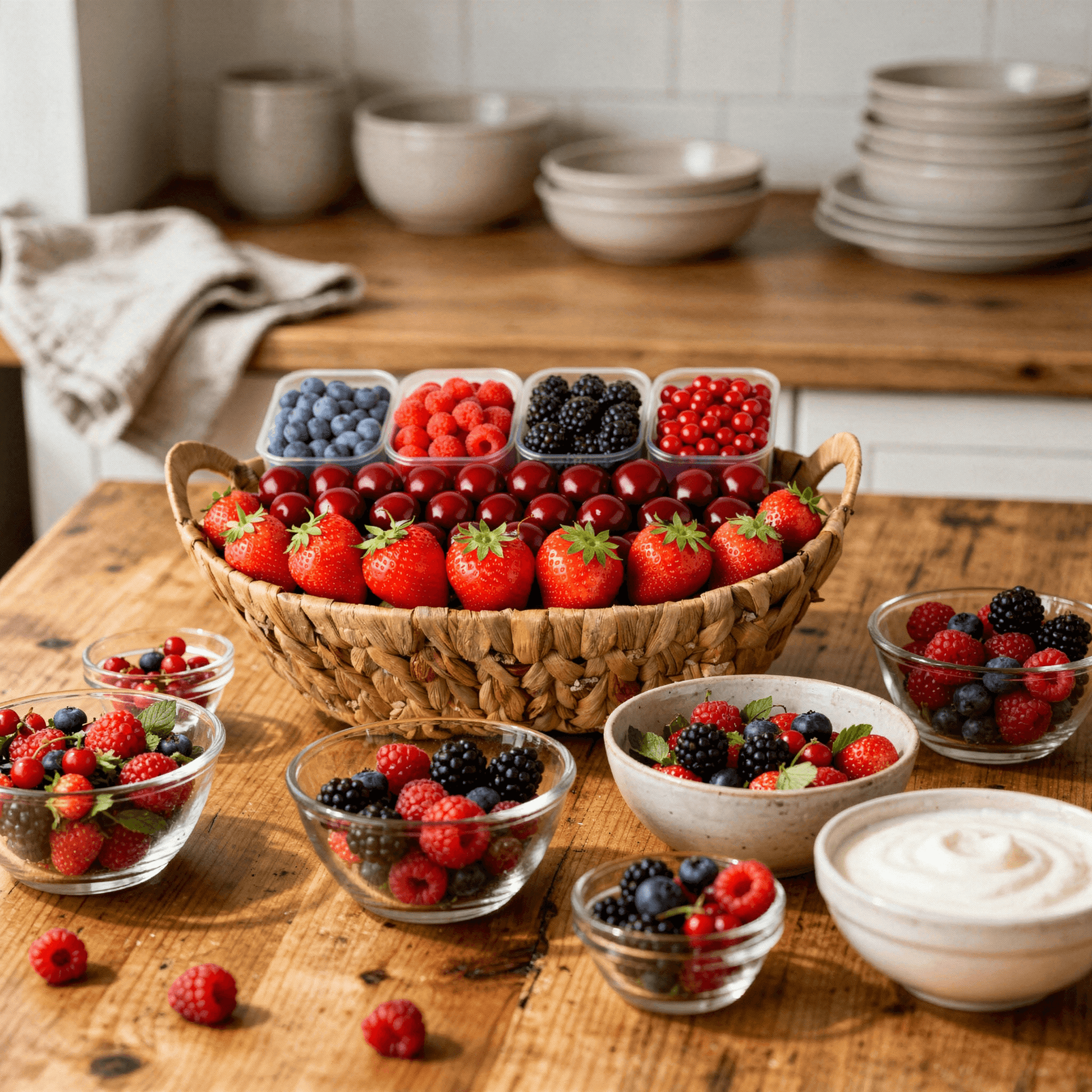 Premium Berry Basket filled with a variety of fresh berries and fruits on a wooden table.