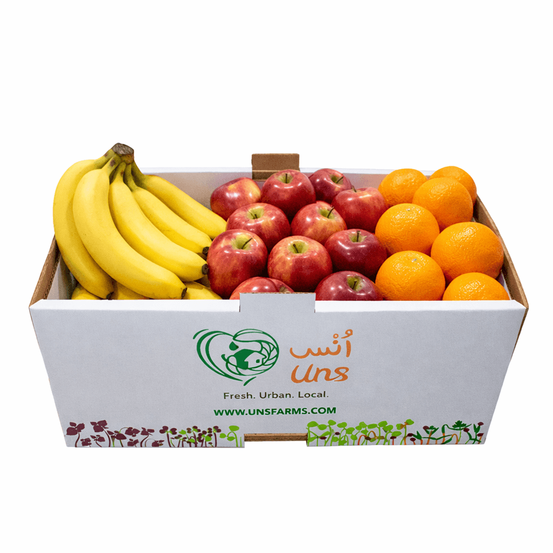 Sadaka Box filled with fresh bananas, apples, and oranges from UNS Farms.