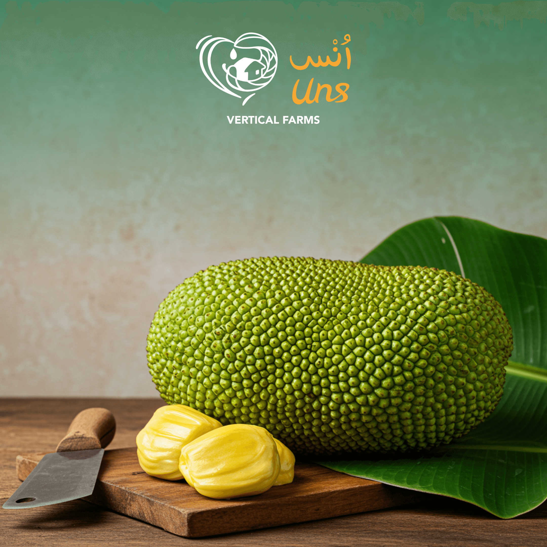 Tender Jackfruit on a wooden table with a knife and green leaf background.