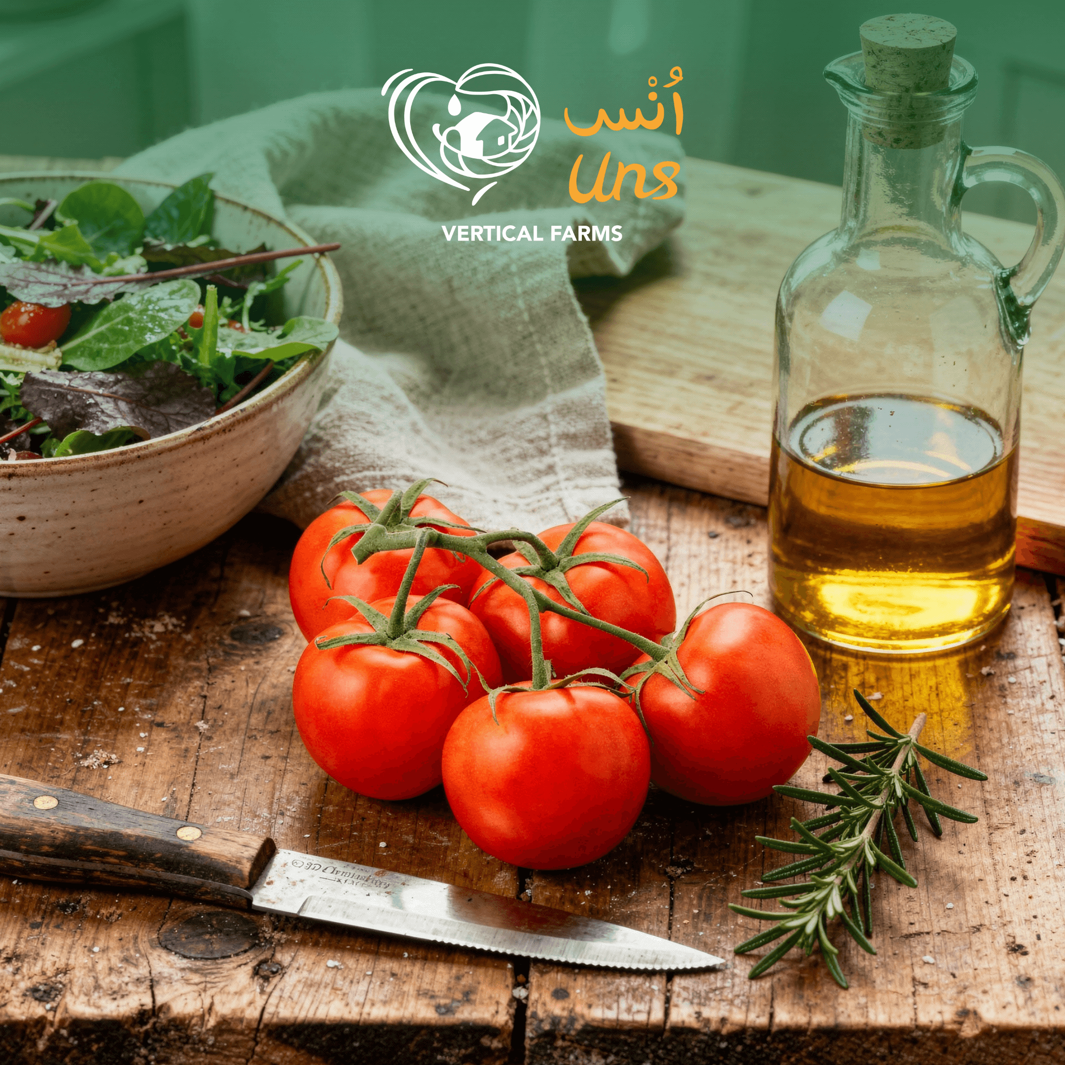 Fresh Tomato Bunch UAE with salad and olive oil on a wooden table, perfect for cooking and salads.