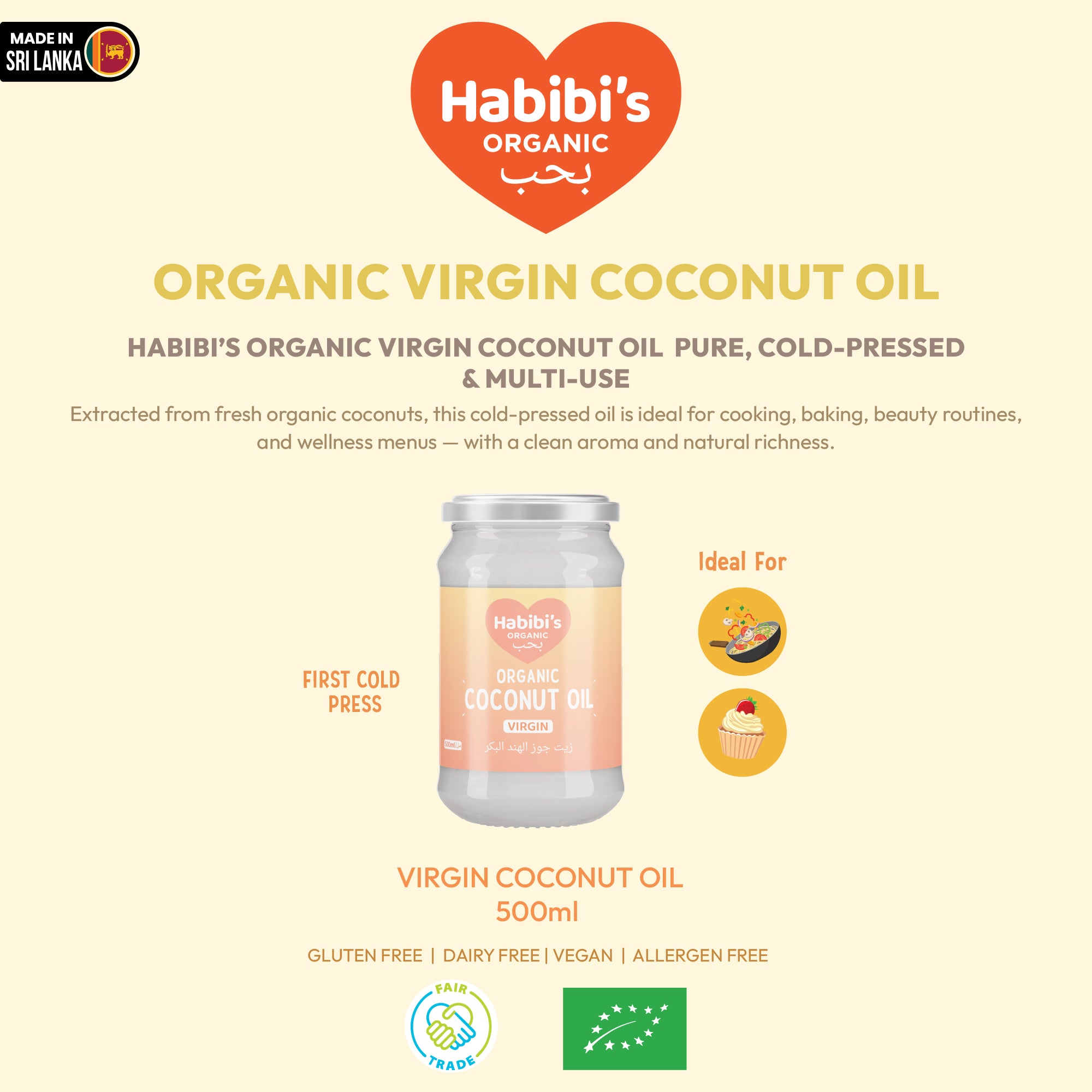 Habibi’s Organic Virgin Coconut Oil No Additives 500ml jar on a beige background, highlighting its purity and multi-use benefits.
