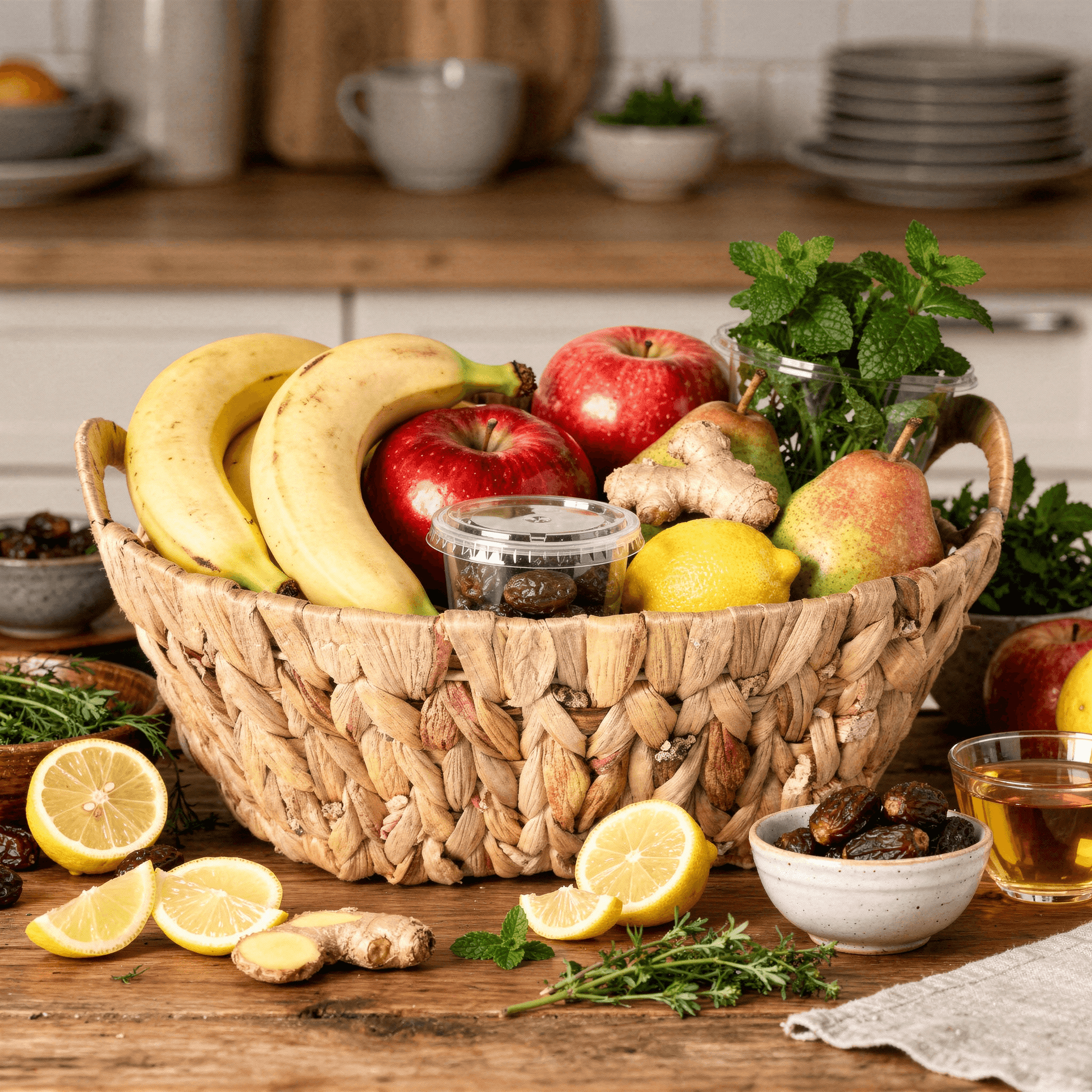 Wellness Basket filled with fresh fruits like bananas, apples, lemon, and ginger on a wooden table.