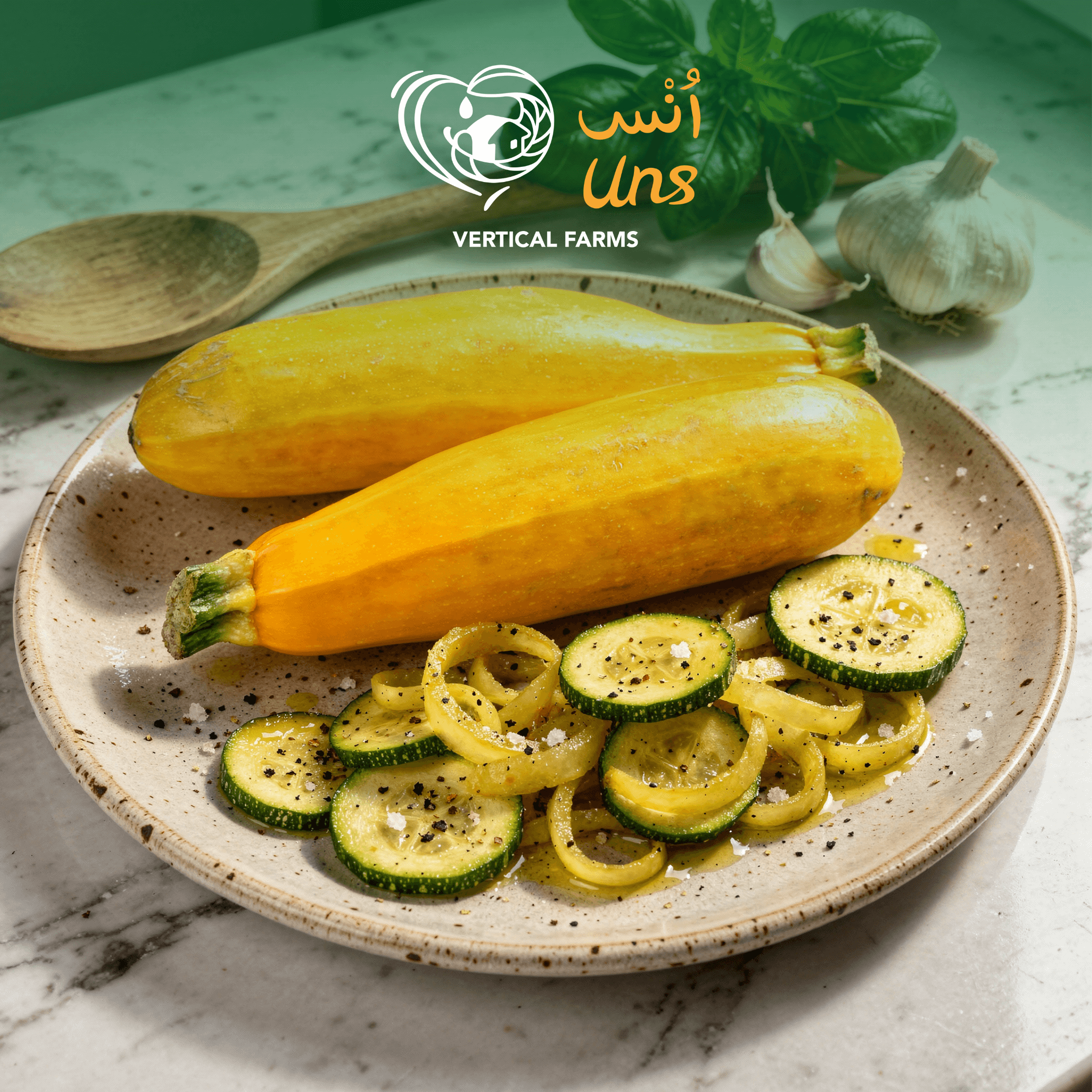 Zucchini Yellow Holland displayed on a plate with sliced zucchini and garnishes, showcasing its vibrant color and freshness.
