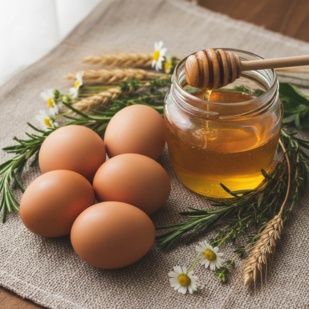 create a category icon for ORGANIC PRODUCE, natural looking....no baskets & branding....use eggs & honey with props