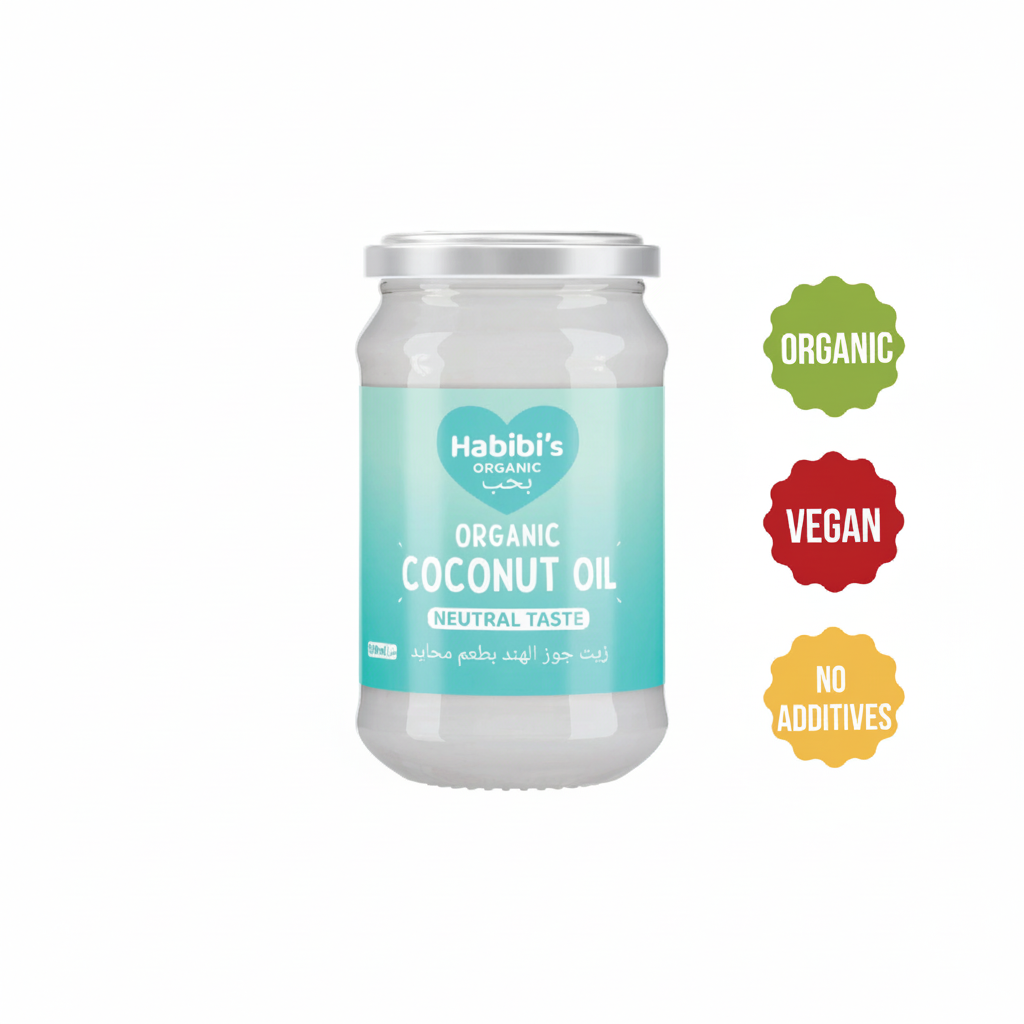Habibi’s Organic Neutral Taste Coconut Oil No Additives 500ml in a jar with vegan and organic labels.