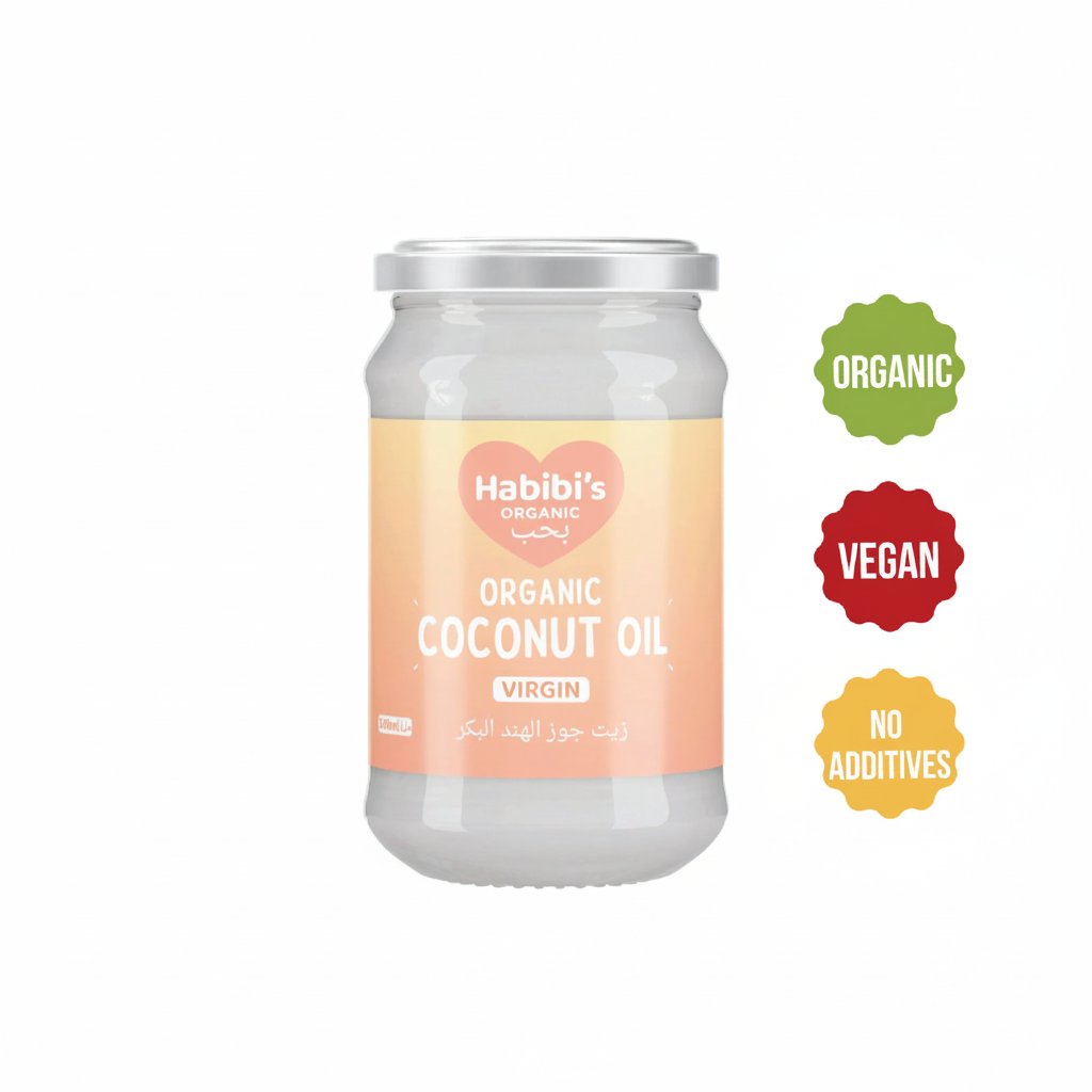 Habibi’s Organic Virgin Coconut Oil No Additives 500ml jar with colorful labels for organic, vegan, and no additives.